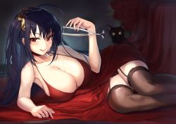 Rule 34 | 1girl, :q, ahoge, alcohol, azur lane, bare shoulders, black hair, black thighhighs, blush, breasts, cat, champagne, champagne flute, cleavage, collarbone, cup, dress, drinking glass, garter straps, glass, highres, large breasts, long hair, looking at viewer, lying, official alternate costume, on side, pdxen, pouring, pouring onto self, red dress, red eyes, solo, taihou (azur lane), taihou (forbidden feast) (azur lane), thighhighs, tongue, tongue out