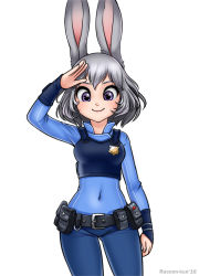 Rule 34 | 1girl, animal ears, badge, belt, belt buckle, belt pouch, blue shirt, buckle, closed mouth, grey hair, hair between eyes, judy hopps, long sleeves, looking at viewer, police, police uniform, policewoman, pouch, purple eyes, rabbit ears, racoon-kun, salute, shirt, short hair, simple background, smile, uniform, white background, zootopia