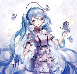 Rule 34 | 1girl, absurdres, blue eyes, blue hair, bug, butterfly, butterfly wings, clothing request, gloves, hair between eyes, hatsune miku, highres, insect, insect wings, long hair, parted lips, pipi, purple butterfly, purple gloves, solo, standing, twintails, very long hair, vocaloid, white butterfly, wings