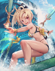 Rule 34 | 1girl, :d, ahoge, ass, bikini, blonde hair, blush, day, female focus, floating, floating object, from side, full body, light particles, long hair, looking at viewer, mana (remana), midriff, multicolored bikini, multicolored clothes, ocean, open mouth, original, outdoors, outstretched arms, red eyes, shiny skin, side ponytail, sky, smile, solo, stomach, surfboard, surfing, swimsuit, sword, thighs, v-shaped eyebrows, water, waves, weapon, wet, wet clothes