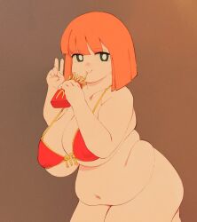Rule 34 | 1girl, bikini, blunt bangs, blunt ends, bob cut, breasts, brown background, brown eyes, cleavage, closed mouth, cloudxmoe, collarbone, commentary, covered erect nipples, eating, english commentary, fat, fat rolls, feet out of frame, food, food in mouth, french fries, holding, holding food, huge breasts, large breasts, looking at viewer, mcdonald&#039;s, mother (yoru mac), navel, orange hair, red bikini, seiza, simple background, sitting, solo, string bikini, swimsuit, thick arms, thick thighs, thighs, v