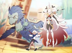 Rule 34 | 1girl, 2boys, ascot, black bodysuit, black cape, black gloves, black shorts, blue neckerchief, blue sailor collar, bodysuit, braid, cape, closed eyes, clothing cutout, commentary request, crossed arms, dark-skinned male, dark skin, dinosaur, fate/grand order, fate (series), feathered wings, feathers, floating, fur-trimmed cape, fur trim, gloves, gradient hair, hair ornament, highres, horns, marine nemo (fate), multicolored hair, multiple boys, navel, neckerchief, nemo (fate), olga marie animusphere, one eye closed, open mouth, orange eyes, orange hair, red ascot, sailor collar, sailor shirt, shirt, shorts, single horn, stomach cutout, striped, striped bodysuit, teeth, tepeu (fate), tetsu (teppei), u-olga marie, upper teeth only, vertical stripes, white hair, white shirt, wings, yellow horns
