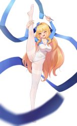 Rule 34 | 1girl, ;d, absurdres, arm around leg, arms up, athletic leotard, blonde hair, blue bow, blush, bow, breasts, brooch, cleavage, collarbone, daydream (zhdkffk21), elf, full body, gem, hair bow, hair intakes, highres, holding, jewelry, large breasts, leg up, leotard, long hair, long sleeves, looking at viewer, one eye closed, open mouth, original, pantyhose, pointy ears, red eyes, simple background, smile, solo, split, standing, standing on one leg, standing split, thighband pantyhose, tiptoes, very long hair, white background, white leotard, white pantyhose