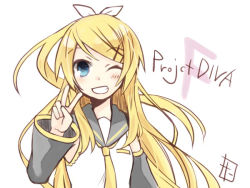 Rule 34 | 1girl, blonde hair, blue eyes, blush, future style (module), grin, kagamine rin, long hair, looking at viewer, one eye closed, project diva, project diva (series), project diva f, simple background, smile, solo, tagme, tamura hiro, v, very long hair, vocaloid, white background, wink