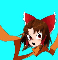 Rule 34 | 1girl, benikurage (cookie), blue background, bow, brown hair, commentary request, cookie (touhou), frilled bow, frilled hair tubes, frills, hair bow, hair tubes, hakurei reimu, highres, looking at viewer, open mouth, orange scarf, portrait, red bow, scarf, short hair, simple background, solo, surauta, touhou