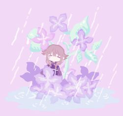 Rule 34 | 1girl, closed eyes, commentary request, facing viewer, flipped hair, flower, hydrangea, light brown hair, long sleeves, no lineart, no mouth, nunusayu, pink background, pink flower, puddle, purple flower, purple sweater, rain, ripples, sidelocks, simple background, solo, sweater, urotsuki, yume 2kki