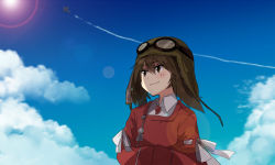 Rule 34 | 10s, 1girl, aircraft, airplane, annin musou, bad id, bad pixiv id, brown eyes, brown hair, day, goggles, japanese clothes, kantai collection, ryuujou (kancolle), shikigami, sky, smile, solo, twintails