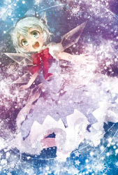 Rule 34 | 1girl, :d, blush, bow, bowtie, cirno, dress, embodiment of scarlet devil, fairy, fairy wings, grey eyes, ice, ice wings, looking at viewer, open mouth, puffy short sleeves, puffy sleeves, red bow, red bowtie, short sleeves, silver dress, silver hair, smile, solo, tottsuan, touhou, wings