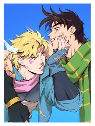Rule 34 | 2boys, anger vein, arm around shoulder, battle tendency, blue jacket, blue sky, brown hair, caesar anthonio zeppeli, facial mark, feather hair ornament, feathers, fingerless gloves, gloves, grabbing another&#039;s chin, green scarf, grin, hair ornament, hakmonss, hand on another&#039;s chin, jacket, jojo no kimyou na bouken, joseph joestar, joseph joestar (young), male focus, multiple boys, scarf, sky, smile, striped clothes, striped scarf, triangle print, vertical-striped clothes, vertical-striped scarf