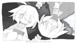 Rule 34 | 2girls, abstract background, ahoge, animal, blush, book, border, cat, closed eyes, collared shirt, commentary request, dual persona, from above, greyscale, hair ornament, hiasane, highres, holding, holding animal, holding book, holding cat, indie utaite, long sleeves, looking at another, looking to the side, lying, monochrome, multiple girls, notebook, on back, open mouth, rotational symmetry, shirt, short hair, smile, song name, suzua (sofw0), tearing up, translation request, upper body, utaite, x hair ornament