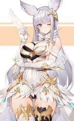 Rule 34 | 1girl, animal ears, asymmetrical clothes, asymmetrical legwear, bare shoulders, black thighhighs, blue eyes, blunt bangs, blush, breasts, cleavage, dress, elbow gloves, erune, fingerless gloves, gloves, granblue fantasy, hair ornament, hand up, highres, holding, korwa, large breasts, long hair, looking at viewer, medium breasts, mismatched legwear, one eye closed, panties, parted lips, quill, shiny skin, silver hair, simple background, smile, solo, thighhighs, underwear, watao, white background, white dress, white gloves, white thighhighs