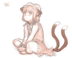Rule 34 | 1girl, animal ears, barefoot, blush, bug, butterfly, cat ears, cat tail, chen, dress, ear piercing, earrings, full body, hat, indian style, insect, jewelry, kuro suto sukii, long sleeves, multiple tails, nekomata, piercing, shirt, simple background, single earring, sitting, sketch, solo, tail, touhou, watching, white background
