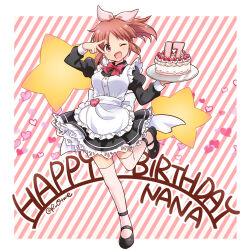 Rule 34 | 1girl, ;d, abe nana, apron, birthday cake, black dress, blush, bow, bowtie, breasts, brown eyes, brown hair, cake, character name, dot nose, dress, food, frilled apron, frilled dress, frills, full body, hair bow, hair ribbon, hands up, happy birthday, heart, heart background, highres, holding, holding cake, holding food, holding tray, idolmaster, idolmaster cinderella girls, idolmaster cinderella girls starlight stage, leg up, long sleeves, mary janes, medium breasts, name tag, one eye closed, open mouth, pink background, pink ribbon, ponytail, puffy long sleeves, puffy sleeves, red bow, red bowtie, ribbon, ruo (cruzada), shoes, short hair, smile, solo, standing, standing on one leg, star (symbol), striped, striped background, thighhighs, tray, twitter username, v, waist bow, white apron, white bow, white thighhighs, zettai ryouiki