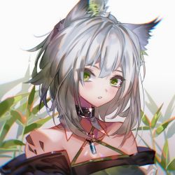 Rule 34 | 1girl, animal ears, arknights, bare shoulders, black choker, blush, chinese commentary, choker, commentary request, criss-cross halter, gradient background, green eyes, grey background, hair between eyes, halterneck, kal&#039;tsit (arknights), looking at viewer, malatangniaotou, material growth, o-ring, oripathy lesion (arknights), parted lips, short hair, silver hair, solo, upper body, white background