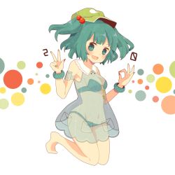 Rule 34 | 1girl, adapted costume, bikini, bikini under clothes, bracelet, breasts, dress, green bikini, green eyes, green hair, groin, hair bobbles, hair ornament, hat, jewelry, kawashiro nitori, key, looking at viewer, matching hair/eyes, nail polish, navel, open mouth, see-through, short hair, smile, solo, swimsuit, swimsuit under clothes, touhou, twintails, two side up, uta (lapin!!!)
