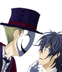 Rule 34 | 10s, 2boys, absurdres, bad id, bad pixiv id, black bullet, eye contact, gloves, hand on another&#039;s face, hat, highres, hiruko kagetane, looking at another, male focus, mask, multiple boys, satomi rentarou, short hair, simple background, top hat, white background
