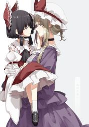 Rule 34 | 2girls, age difference, ascot, black hair, blonde hair, bow, carrying, child, choker, detached sleeves, dress, eye contact, face-to-face, frills, from side, gloves, hair bow, hair ribbon, hair tubes, hakurei reimu, hand on own face, hat, loafers, long sleeves, looking at another, mob cap, multiple girls, onee-loli, ribbon, sakuraba yuuki, shoes, short hair, simple background, smile, touhou, white gloves, white headwear, wide sleeves, yakumo yukari, yuri