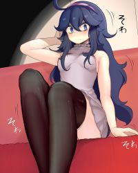 Rule 34 | 1girl, @ @, ahoge, bad id, bad twitter id, bags under eyes, bare shoulders, blue eyes, blue hair, blush, breasts, couch, creatures (company), frown, game freak, hairband, hex maniac (pokemon), highres, inactive account, kedamono kangoku-tou, long hair, looking at viewer, medium breasts, messy hair, nintendo, npc trainer, pokemon, pokemon xy, sitting, skirt, sleeveless, solo, sweater, sweater vest, thighhighs