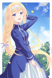 Rule 34 | 1girl, :d, alice zuberg, arm behind head, blonde hair, blue dress, blue eyes, blue sky, braid, breasts, cloud, day, dress, e20, ginkgo leaf, hair between eyes, hair intakes, hand up, headpiece, leaf, long hair, looking at viewer, looking to the side, open mouth, outside border, single braid, sky, small breasts, smile, solo, sword art online, sword art online: alicization, very long hair