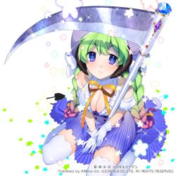 Rule 34 | 1girl, bad id, bad pixiv id, braid, breasts, cleavage, donacoo, green hair, hat, hen-shin-shou-jo metamol maiden, holding, large breasts, long hair, looking at viewer, official art, original, purple eyes, scythe, simple background, sitting, smile, solo, twin braids, twintails, white background, yuuhi homare