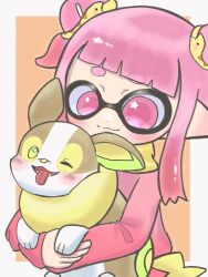 Rule 34 | 1girl, blunt bangs, blush, border, commentary, creatures (company), dog, dot nose, fangs, game freak, green eyes, highres, holding, holding pokemon, inkling, inkling girl, inkling player character, medium hair, mina p, nintendo, one eye closed, orange background, pink eyes, pink hair, pink shirt, pokemon, pokemon (creature), shirt, splatoon (series), star (symbol), star in eye, symbol-only commentary, symbol in eye, tongue, tongue out, twintails, white border