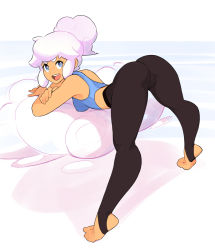 Rule 34 | 1girl, :d, ass, bare arms, bare shoulders, bent over, black leggings, blue eyes, breasts, cloud, commentary, full body, leggings, legs apart, looking at viewer, medium breasts, open mouth, original, pink hair, simple background, smile, solo, squeezable (squeezabledraws), stirrup legwear, symbol-only commentary, taffy (squeezable), tiptoes, toeless legwear, toes