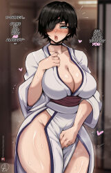 Rule 34 | 1girl, absurdres, almualim, black hair, blush, breasts, chainsaw man, cleavage, eyepatch, green eyes, highres, himeno (chainsaw man), japanese clothes, jewelry, kimono, large breasts, lips, looking at viewer, obi, open mouth, pelvic curtain, ring, sash, shiny skin, short hair, solo, standing, thighs, wedding ring, white kimono, wide sleeves, yukata