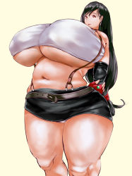 Rule 34 | 1girl, belly, belt, black hair, blush, breasts, cleavage, covered erect nipples, earrings, fat, fat rolls, final fantasy, final fantasy vii, gigantic breasts, gloves, jewelry, long hair, looking at viewer, mature female, miniskirt, muffin top, navel, nipples, open mouth, plump, red eyes, seinto (metameter), simple background, skirt, solo, square enix, standing, suspender skirt, suspenders, thick thighs, thighs, tifa lockhart, underboob, veins, veiny breasts, white background, wide hips