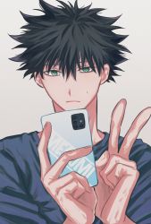 Rule 34 | 1boy, black hair, blue shirt, cellphone, closed mouth, commentary, eyelashes, fushiguro megumi, fushirun rung, green eyes, hair between eyes, hands up, highres, holding, holding phone, jujutsu kaisen, looking at phone, male focus, phone, shirt, short hair, simple background, smartphone, solo, spiked hair, sweatdrop, symbol-only commentary, v