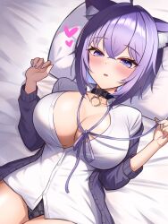 Rule 34 | 1girl, ahoge, animal collar, animal ear fluff, animal ears, black panties, blush, breasts, cat ears, cat girl, cat tail, cleavage, collar, collarbone, colored inner hair, hands up, highres, hololive, kogekoge1207, large breasts, loose neck ribbon, lying, medium hair, multicolored hair, neck ribbon, nekomata okayu, on back, on bed, open mouth, panties, partially unbuttoned, pillow, purple eyes, purple hair, purple ribbon, ribbon, shirt, solo, tail, underwear, virtual youtuber, white shirt