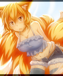 Rule 34 | &gt;:&lt;, 1girl, :&lt;, alternate costume, animal ears, blonde hair, chestnut mouth, contemporary, fang, female focus, fox ears, fox tail, frown, g-string, grey panties, grey thighhighs, half-shirt, highleg, highleg panties, highres, leaning forward, letterboxed, midriff, multiple tails, navel, open mouth, panties, short hair, short shorts, shorts, slit pupils, solo, tail, tamahana, thighhighs, thong, touhou, underwear, v-shaped eyebrows, whale tail (clothing), yakumo ran, yellow eyes