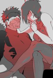 Rule 34 | 1boy, 1girl, bare shoulders, covered eyes, dress, finger to mouth, hand on another&#039;s head, konan (naruto), labret piercing, crossed legs, naruto (series), naruto shippuuden, obobkkp, paper, short hair, sitting, sitting on lap, sitting on person, spot color, uchiha obito, zipper pull tab