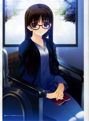 Rule 34 | 1girl, blue eyes, book, brown hair, glasses, highres, long hair, looking at viewer, nakamura takeshi, own hands together, sitting, solo, wheelchair