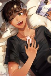 Rule 34 | 1boy, ;d, absurdres, animal, animal on chest, artist name, black shirt, book, brown hair, collarbone, day, facing viewer, hamster, highres, indoors, katsuki yuuri, ksmile1313, laughing, lying, male focus, on back, on bed, one eye closed, open mouth, phichit chulanont, pillow, shirt, smile, solo, t-shirt, twitter username, yellow eyes, yuri!!! on ice