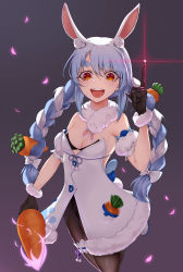 Rule 34 | 1girl, :d, absurdres, animal ear fluff, animal ears, bare shoulders, black gloves, black leotard, blue hair, bow, braid, brown pantyhose, carrot, carrot hair ornament, commentary request, detached sleeves, don-chan (usada pekora), dress, endercraft, food, food-themed hair ornament, fur-trimmed dress, fur-trimmed gloves, fur trim, gloves, glowing, hair between eyes, hair bow, hair ornament, hand up, highres, holding, holding food, hololive, index finger raised, leotard, long hair, looking at viewer, multicolored hair, open mouth, pantyhose, petals, puffy short sleeves, puffy sleeves, rabbit ears, red eyes, round teeth, short eyebrows, short sleeves, smile, strapless, strapless dress, strapless leotard, teeth, thick eyebrows, twin braids, twintails, two-tone hair, upper teeth only, usada pekora, usada pekora (1st costume), very long hair, virtual youtuber, white bow, white dress, white hair, white sleeves