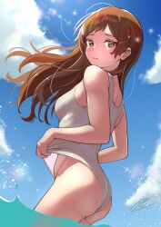 Rule 34 | 1girl, 3:, ass, back, blue sky, blush, breasts, brown hair, c (theta), closed mouth, clothes lift, cloud, colored eyelashes, commentary request, cowboy shot, embarrassed, eyelashes, floating hair, from side, frontal wedgie, groin, half-closed eyes, highres, idolmaster, idolmaster million live!, kitazawa shiho, lifted by self, light particles, long hair, looking at viewer, looking back, medium breasts, one-piece swimsuit, outdoors, raised eyebrows, school swimsuit, signature, sky, solo, sparkle, standing, swimsuit, swimsuit lift, thighs, wading, water, wedgie, white one-piece swimsuit, wind, yellow eyes
