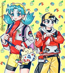 Rule 34 | 1boy, 1girl, :d, backwards hat, baseball cap, blue eyes, blue hair, breasts, chikorita, closed mouth, cowboy shot, creatures (company), cropped jacket, cyndaquil, earrings, ethan (pokemon), friend ball, game freak, gen 1 pokemon, gen 2 pokemon, great ball, hair intakes, hat, highres, jacket, jewelry, kris (pokemon), legs apart, level ball, long hair, long sleeves, looking at viewer, love ball, marill, nintendo, open clothes, open jacket, open mouth, outline, poke ball, pokegear, pokemon, pokemon (creature), pokemon gsc, poririna, porygon, short hair, shorts, small breasts, smile, star (symbol), star earrings, starter pokemon trio, togepi, turtleneck, twintails, twitter username, unzipped, white jacket, yellow background, yellow headwear, zipper, zipper pull tab