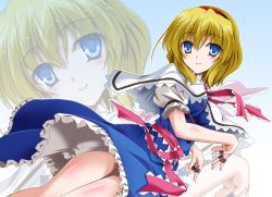Rule 34 | 1girl, alice margatroid, arm garter, blonde hair, blue dress, blue eyes, blush, breasts, capelet, closed mouth, dress, frilled dress, frills, hairband, looking at viewer, medium breasts, neck ribbon, pink ribbon, puffy short sleeves, puffy sleeves, puppet rings, ribbon, ring, sash, short hair, short sleeves, smile, solo, touhou, yamu (reverse noise), zoom layer