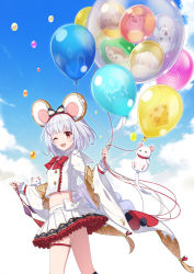 Rule 34 | 1girl, animal ears, balloon, bird, blunt bangs, bow, brooch, cheese, chicken, cloud, collared shirt, commentary request, crop top, dog, fake animal ears, feet out of frame, food, frilled sleeves, frills, granblue fantasy, hair ornament, hairband, hairclip, heart, heart brooch, highres, holding, holding balloon, jewelry, jiman, long sleeves, looking at viewer, medium hair, miniskirt, monkey, mouse (animal), mouse ears, multicolored bow, one eye closed, petticoat, pig, pleated skirt, red eyes, sheep, shirt, silver hair, skirt, sky, solo, thigh strap, vikala (granblue fantasy), white bow, white shirt, white skirt, wide sleeves