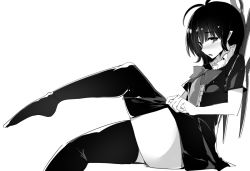Rule 34 | 1girl, adjusting clothes, adjusting legwear, against wall, antenna hair, asymmetrical wings, black dress, black hair, black thighhighs, bow, bowtie, dress, greyscale, houjuu nue, kamukamu (ars), leg up, looking at viewer, monochrome, open mouth, pointy ears, short hair, short sleeves, sitting, solo, thighhighs, touhou, wings