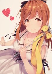 Rule 34 | 10s, 1girl, bad id, bad twitter id, beige background, black bow, black ribbon, blurry, bow, breasts, brown eyes, brown hair, cleavage, clothing cutout, collarbone, commentary request, corset, depth of field, dress, hair bow, heart, kunikida hanamaru, long hair, looking at viewer, love live!, love live! school idol festival, love live! sunshine!!, ribbon, short sleeves, shoulder cutout, siva (executor), smile, solo, wand, wristband, yellow ribbon
