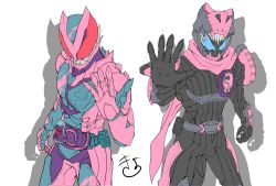 Rule 34 | 2boys, armor, back-to-back, belt, commentary request, driver (kamen rider), flat color, glowing, glowing eyes, highres, holding, ink stamp, kamen rider, kamen rider revi, kamen rider revice, kamen rider vice, looking at viewer, male focus, multiple boys, open hand, red eyes, revice driver, rex genome, rider belt, sharp teeth, smile, smoke, sugokukiyotteru, teeth, tokusatsu, upper body, vistamp
