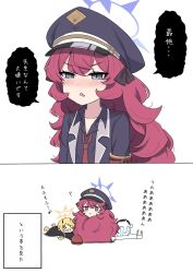 1boy 2girls :v ? black_coat blonde_hair blue_archive blue_halo blush coat confused crying doodle_sensei_(blue_archive) fluffy fluffy_hair green_eyes hair_ribbon hairy halo hat highres hug ibuki_(blue_archive) iroha_(blue_archive) koucha_(sr4ez) long_hair military_hat military_uniform multiple_girls necktie open_mouth red_hair red_necktie ribbon sensei_(blue_archive) smile speech_bubble too_much_fluff uniform yellow_halo