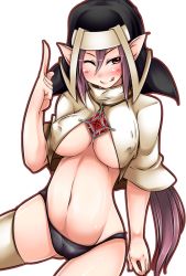 Rule 34 | 10s, 1girl, ;q, bad id, bad pixiv id, battle sister cocoa, black panties, blush, breasts, cardfight!! vanguard, covered erect nipples, habit, headdress, jewelry, long hair, navel, nun, one eye closed, oracle think tank, pako (moto paco), panties, pointing, pointing up, pointy ears, purple eyes, purple hair, simple background, skindentation, smile, solo, thighhighs, tongue, tongue out, underboob, underwear, white background, white thighhighs, wink