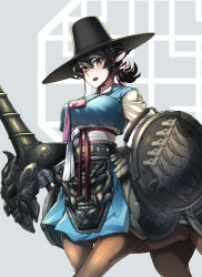 Rule 34 | 1girl, absurdres, animal ears, armor, belt, black belt, black hair, black hat, blush, breasts, centaur, chain, commentary request, cowboy shot, darros, gat (korean traditional hat), gauntlets, grey background, hair between eyes, hair ribbon, hanbok, hat, highres, holding, holding lance, holding polearm, holding shield, holding weapon, horse ears, korean clothes, korean commentary, lance, large breasts, long sleeves, looking at viewer, monster girl, multiple legs, open mouth, original, pink ribbon, pointy ears, polearm, ponytail, ribbon, sarashi, shield, short ponytail, sidelocks, simple background, solo, standing, taur, thick eyebrows, top hat, traditional clothes, weapon, white ribbon, yellow eyes