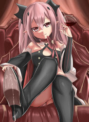 Rule 34 | 1girl, bad id, bad pixiv id, black dress, black footwear, black sleeves, boots, cum, cum on clothes, cup, detached sleeves, dress, drinking glass, highres, krul tepes, long hair, looking at viewer, owari no seraph, pink hair, red eyes, shi qi kuang beng, shoe soles, sitting, solo, thigh boots, thighhighs, wine glass