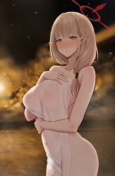 Rule 34 | 1girl, bare shoulders, blue archive, blurry, blurry background, blush, breasts, brown eyes, chinatsu (blue archive), chinatsu (hot spring) (blue archive), collarbone, covered erect nipples, covering privates, gomu (chewinggom), halo, highres, large breasts, light brown hair, long hair, looking at viewer, night, nude cover, onsen, pointy ears, solo, steam, thighs, towel, water, wet