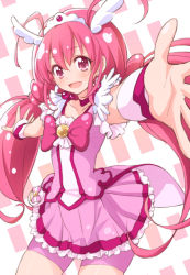 Rule 34 | 10s, 1girl, :d, antenna hair, bike shorts, bike shorts under skirt, bow, bowtie, brooch, choker, cure happy, dress, eyelashes, head wings, hoshizora miyuki, jewelry, long hair, magical girl, open mouth, outstretched arms, pink bow, pink bowtie, pink dress, pink eyes, pink hair, pink shorts, pink skirt, pink theme, precure, shorts, shorts under skirt, skirt, smile, smile precure!, solo, spread arms, tiara, tokunou shoutarou, twintails, wings