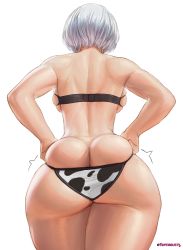 Rule 34 | 1girl, animal print, artist name, ass, back, backboob, bikini, breasts, butt crack, cow print, cow print bikini, curvy, from behind, highres, huge ass, large breasts, legs together, nier (series), nier:automata, paid reward available, print bikini, short hair, simple background, skindentation, solo, superbusty, swimsuit, thick thighs, thighs, white background, white hair, wide hips, 2b (nier:automata)