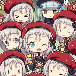 Rule 34 | &gt; &lt;, ..., 0 0, 6+girls, :&gt;, :&lt;, :d, ;d, ^ ^, bare shoulders, beret, black dress, black hat, blue eyes, blue jacket, blunt bangs, blush stickers, capura lin, chibi, closed eyes, closed mouth, commentary request, dress, girls&#039; frontline, green background, green eyes, hair ornament, hair strand, hat, hk416 (girls&#039; frontline), jacket, long hair, mp5 (girls&#039; frontline), multiple girls, multiple persona, necktie, notice lines, one eye closed, open mouth, red hat, red neckwear, round teeth, short necktie, silver hair, sleeveless, sleeveless dress, smile, spoken ellipsis, teeth, upper teeth only, very long hair, xd